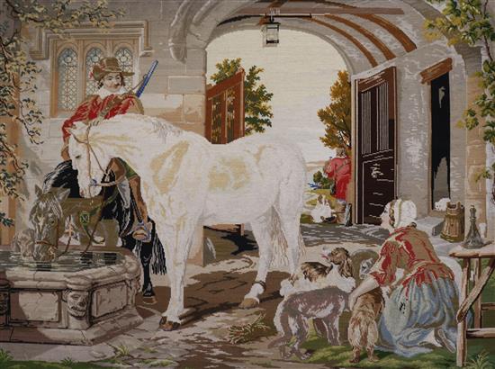 A large Victorian Berlin needlepoint picture of a cavalier watering his horses, gilt frame, 107 x 131cm